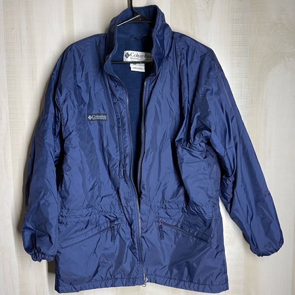 Columbia navy coat jacket fleece lining cinch waist, size medium